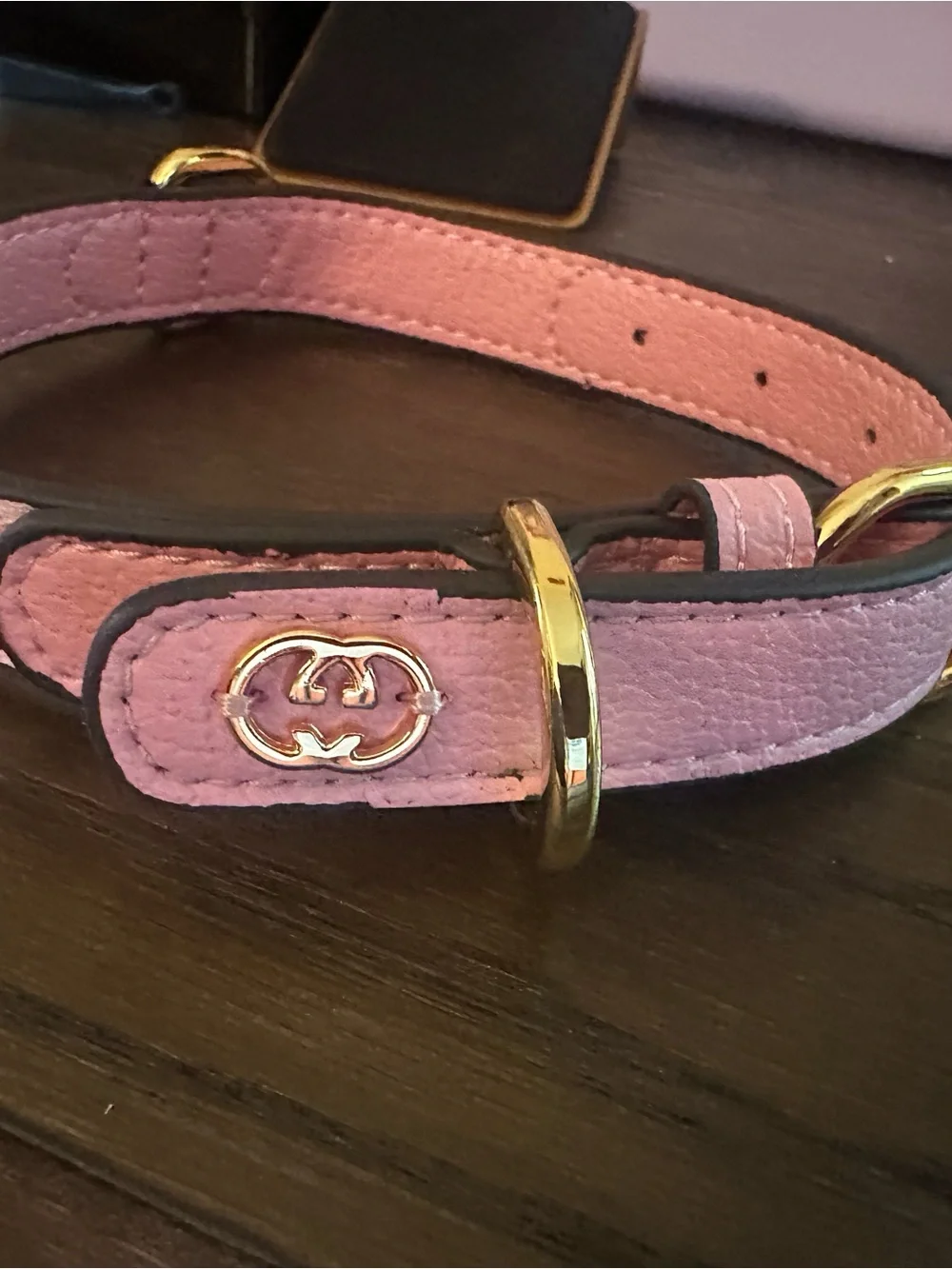 GG Pink Leather Logo Dog Collar with Gold Hardware 16’ long